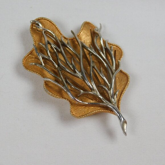 Coro Jewelry - Coro Signed Pin Brooch Vintage Gold Tone Leaf Silver Tone Tree Branches 3" x 2"
